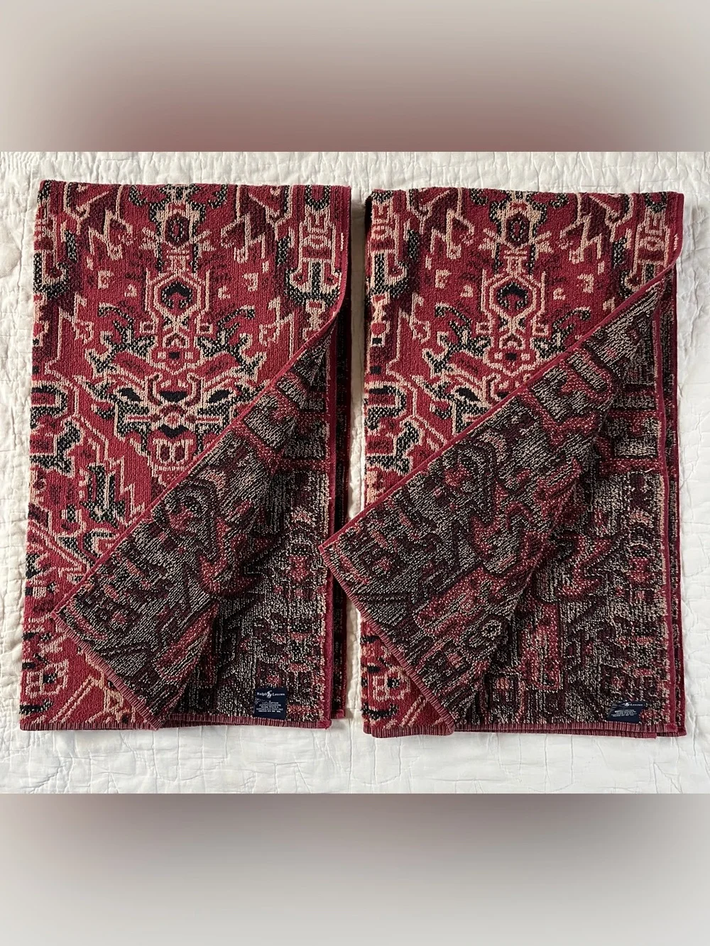 x2 Vintage Ralph Lauren Bath Towels Aztec Southwestern Tribal Print Navy Red